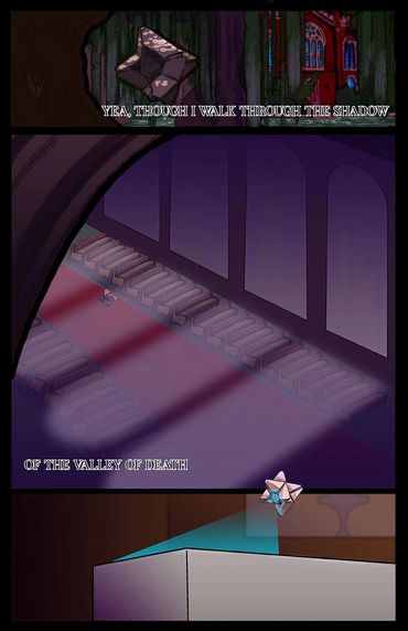 comic page with several panels of a ghost from destiny floating through a church