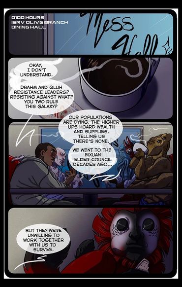 Comic page featuring a human amongst aliens with speech bubble text detailing an alien history