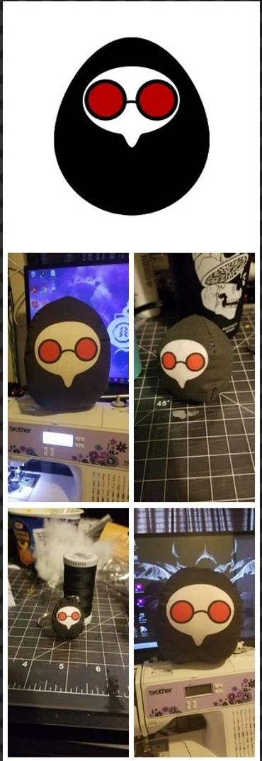 many photos of an egg shaped plague doctor plush and concept art