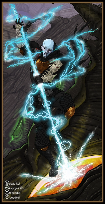 Digital Painting of a blue skinned character with a lightning spear attacking a monster