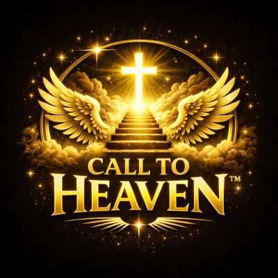 Radiant golden cross with angel wings and stairs, symbolizing 'Call to Heaven'.