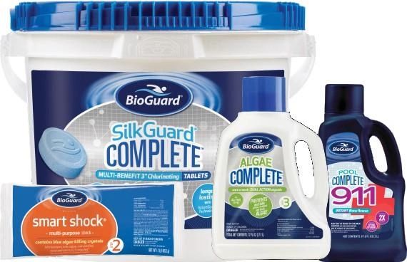 Image of BioGuard SilkGuard Complete, Smart Shock, Algae Complete, and Pool Complete 911.