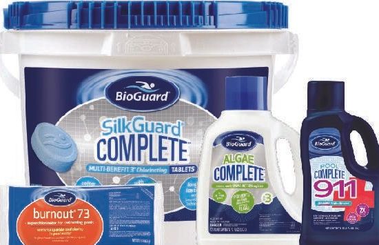 Image of BioGuard SilkGuard Complete, Burnout 73, Algae Complete, and Pool Complete 911.