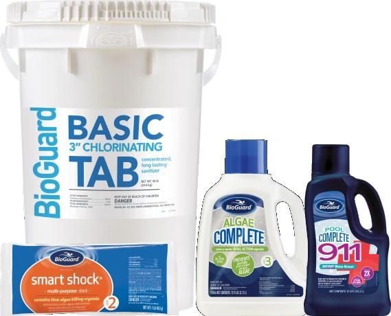 Image of BioGuard Basic 3" Tabs, Smart Shock, Algae Complete, and Pool Complete 911.