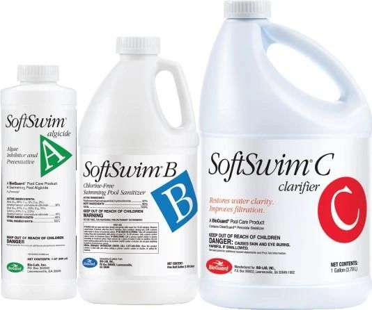 Image of SoftSwim A Algicide, B Sanitizer, and C Shock/Clarifier.
