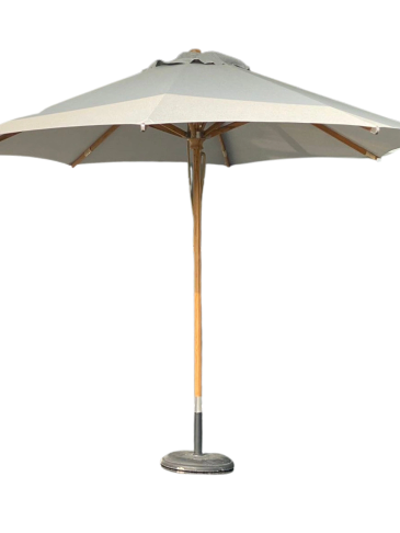 A beige outdoor patio umbrella with a wooden pole and metal base.