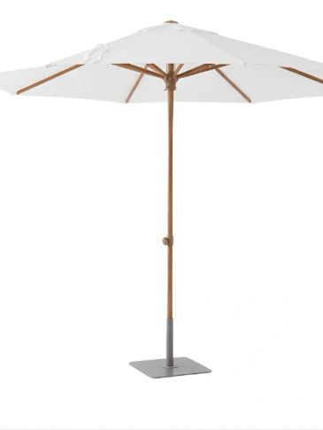 White patio umbrella with wooden ribs and stand on a square base.