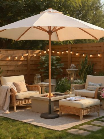 Cozy outdoor seating area with umbrella and fire pit under string lights.
