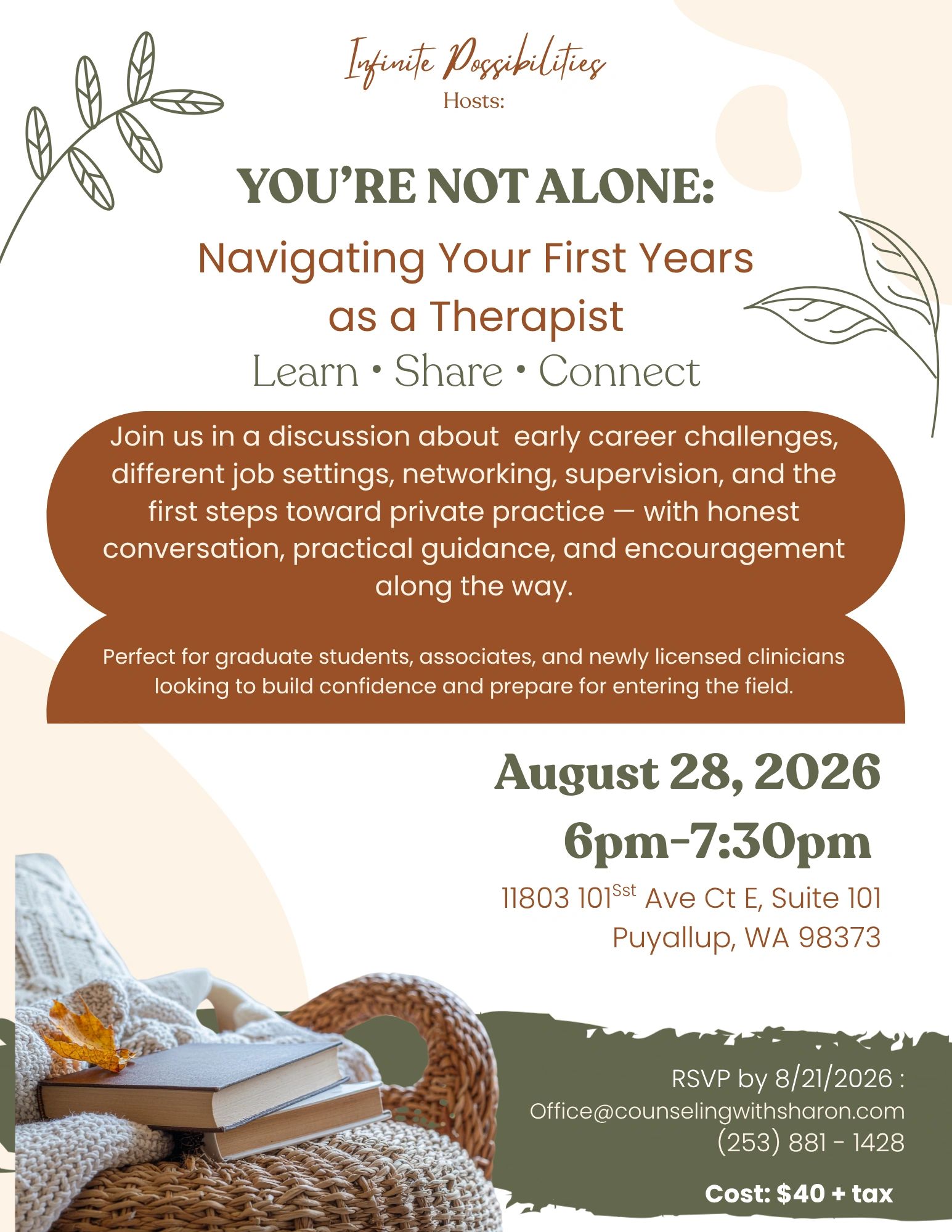 Flyer for therapist career discussion event on August 28, 2026.