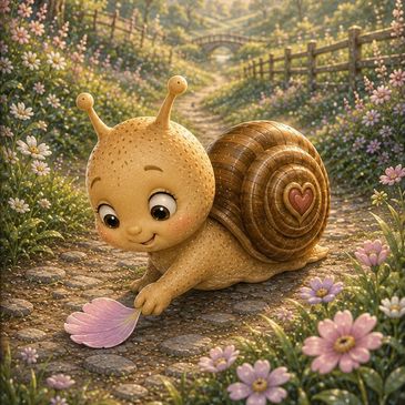 A cute cartoon snail playing with a flower petal on a garden path.