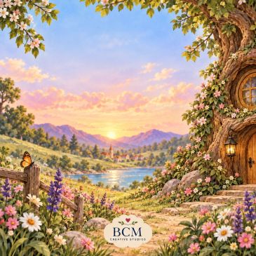 Sunset over a serene flower-filled landscape with a whimsical tree house.