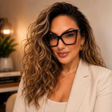 Woman with curly hair and glasses in a beige blazer.