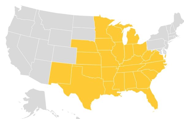 Image map of the united states including highlighted states of Missouri, Illinois, and Kansas.