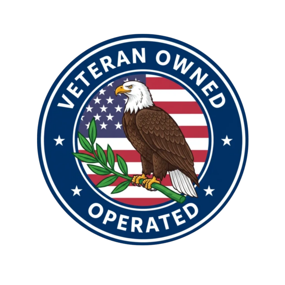 Veteran owned business emblem with eagle and American flag.