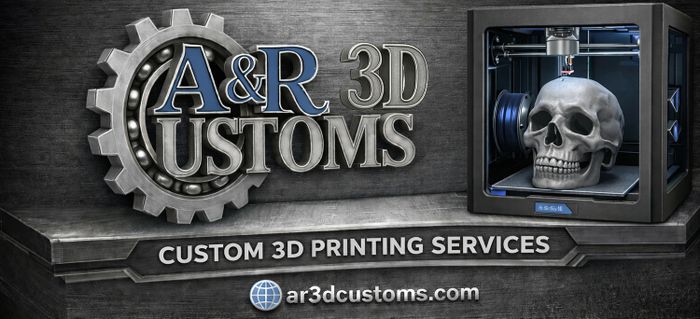 A 3D printer creating a skull with A&R 3D Customs logo and website.