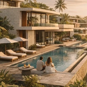 Couple enjoying sunset at a luxurious poolside villa surrounded by lush greenery.