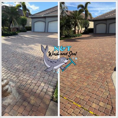 Before and after images of a driveway cleaned and sealed by NGT Wash and Seal.