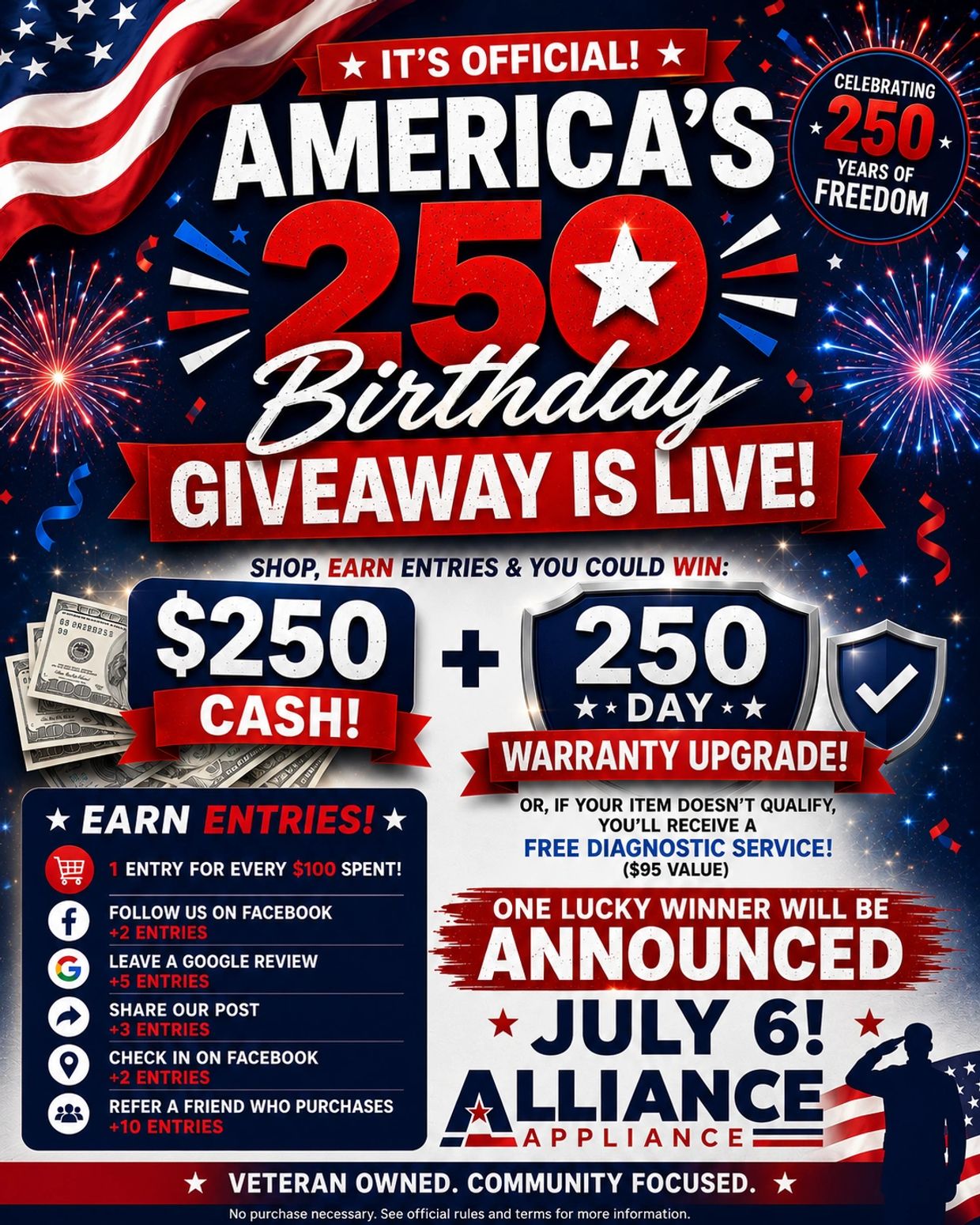 America's 250th birthday giveaway with $250 cash and 250-day warranty upgrade.