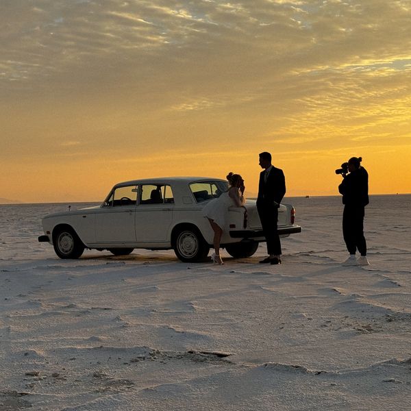 Our 1979 Rolls Royce Silver Shadow II in a wedding photoshoot with a couple at Salt Flats, UT.