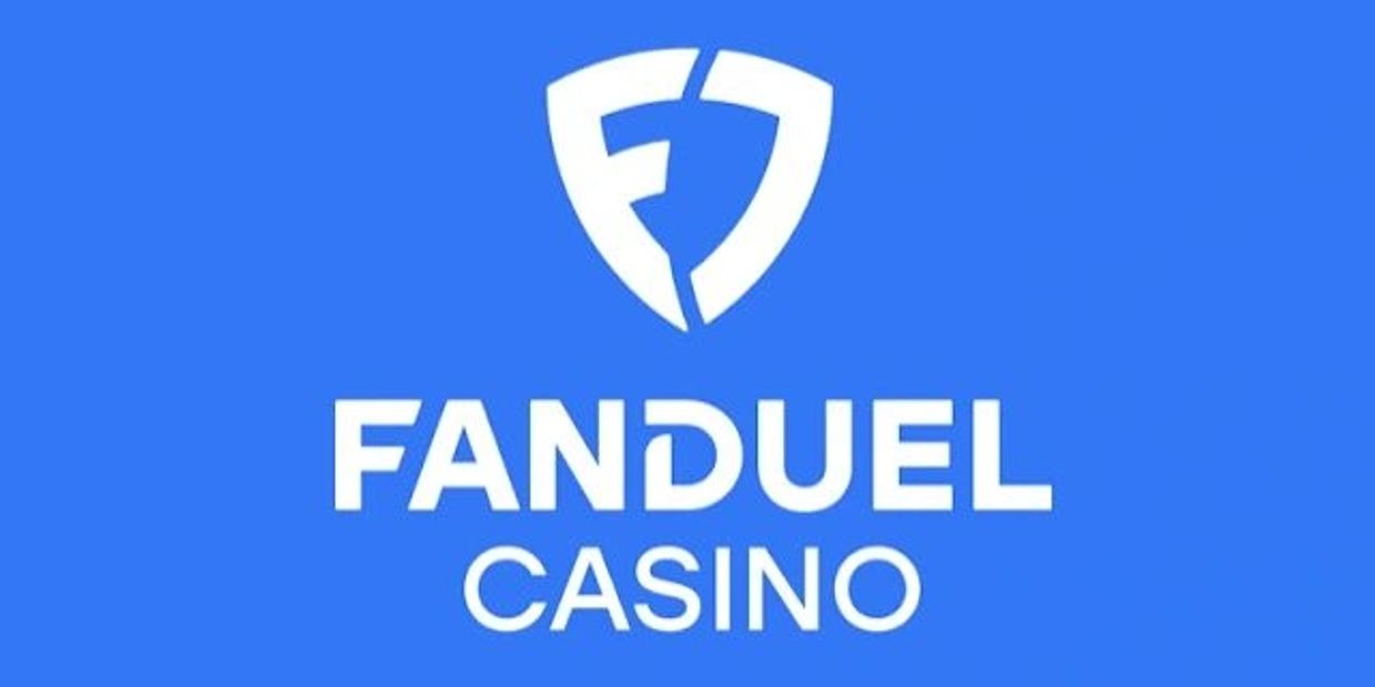 Logo of FanDuel Casino in white on a blue background.