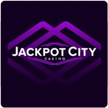Jackpot City Casino logo with purple geometric design on dark background.