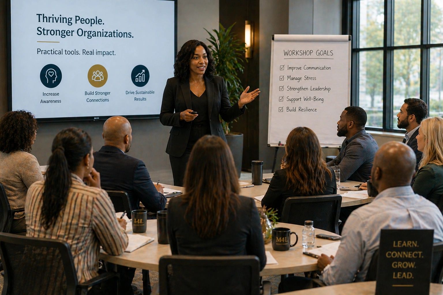 A woman leads a workshop on communication, stress management, and leadership.