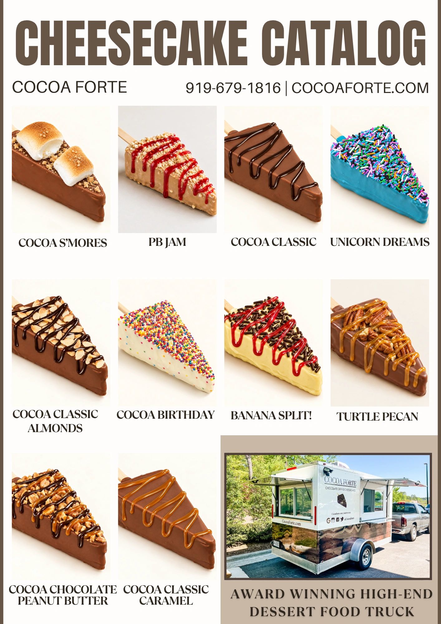 Cheesecake catalog from Cocoa Forte with multiple flavors and food truck.