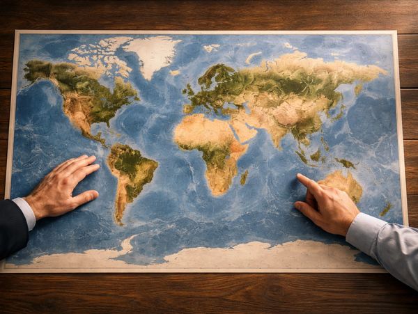 Two hands pointing at different places on a world map on a wooden table.