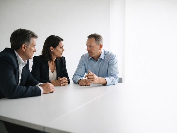 Three professionals engaged in a focused discussion at a white table in a bright office.