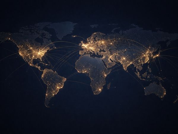 Global network connections illuminated on a world map at night.
