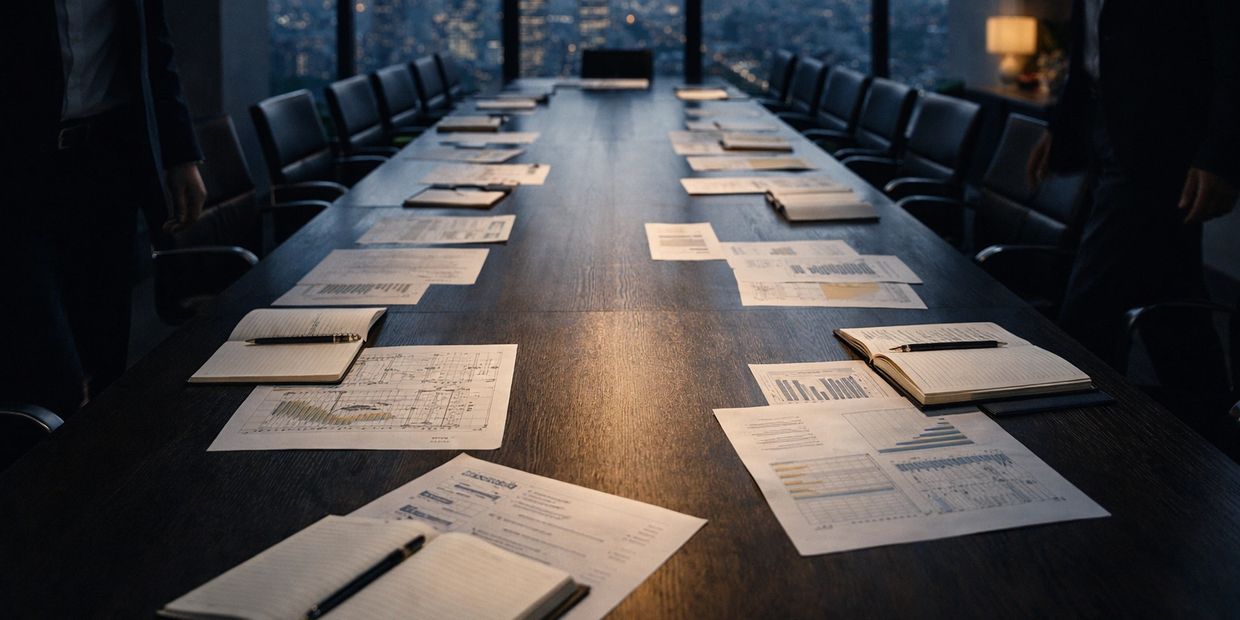 Long conference table with documents and notebooks laid out for a meeting.
