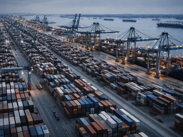 A busy container port with numerous shipping containers and cranes at dusk.
