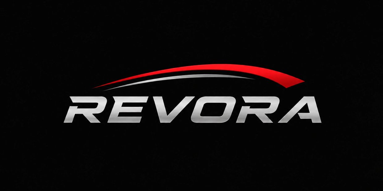 Silver and red Revora logo on black background.