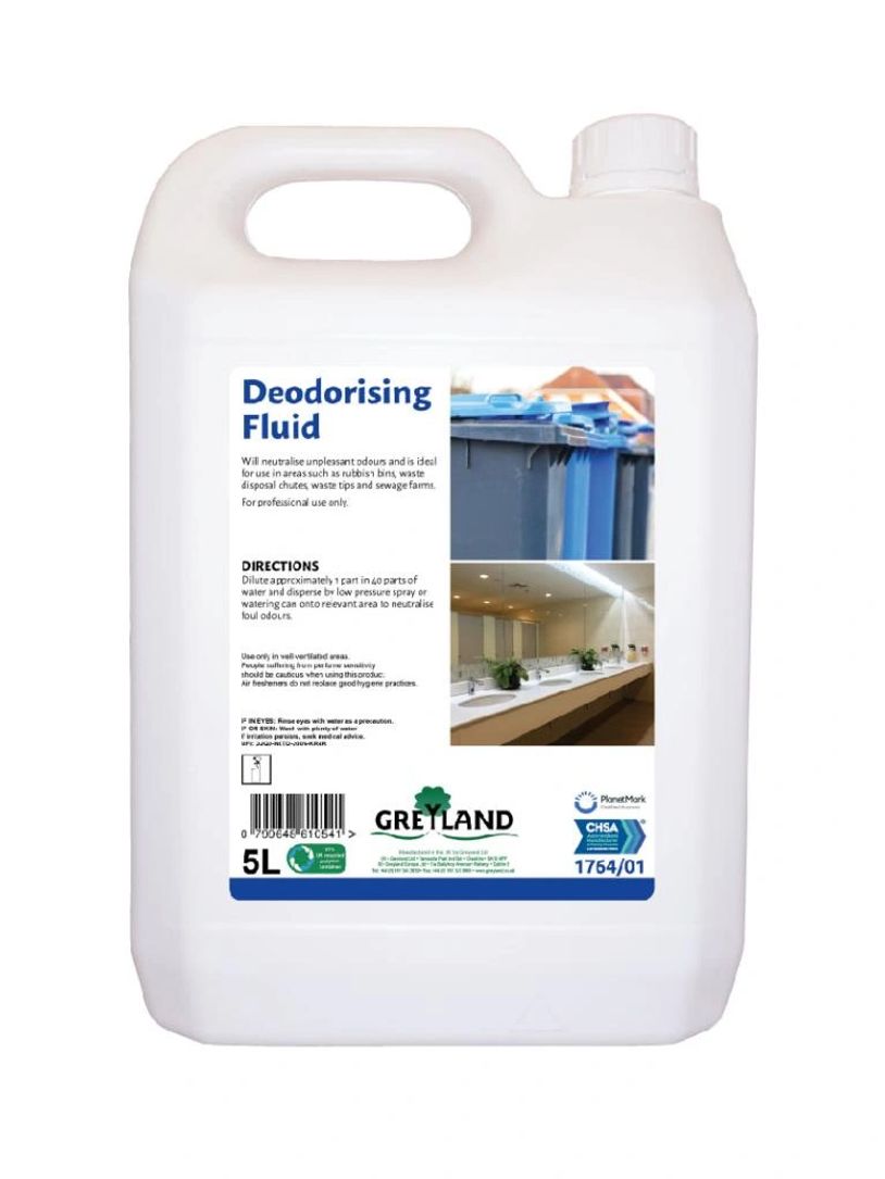 5L container of Greyland Deodorising Fluid for neutralising unpleasant odours in waste areas.
