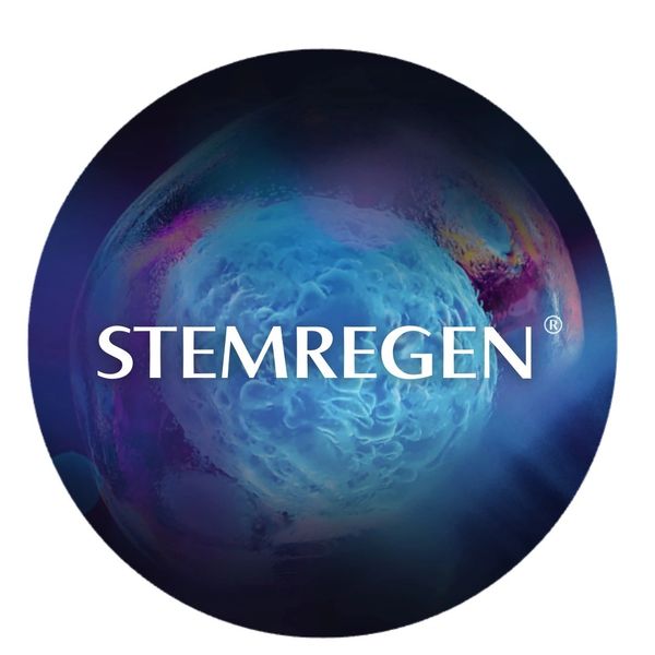STEMREGEN logo with a blue, abstract cellular background.