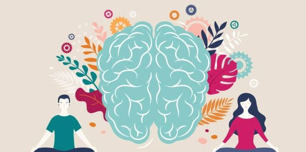 Illustration of a brain with two meditating individuals and colorful leaves and gears.