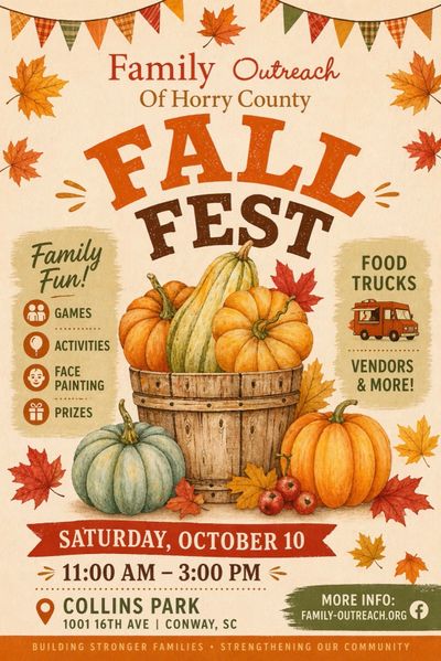 Fall Fest hosted by Family Outreach of Horry County with games, food trucks, and vendors on October 10.