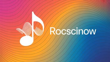 Colorful Rocscinow logo with musical note on a vibrant gradient background.