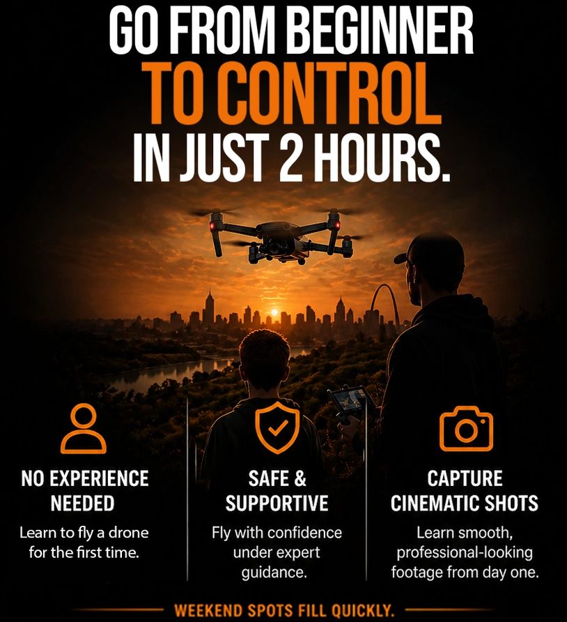 Beginner drone lessons in St. Louis designed to help new pilots go from no experience to confident flying in just 2 hours, with hands-on drone training, safe instruction, and cinematic flight techniques.