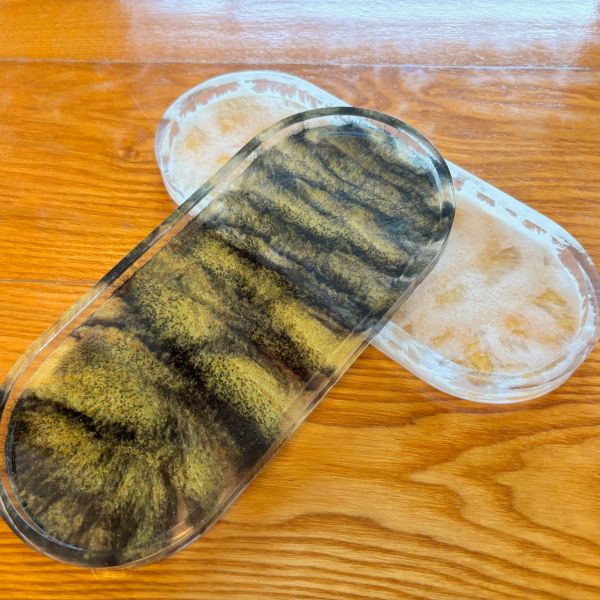 Two decorative resin trays on a wooden surface.