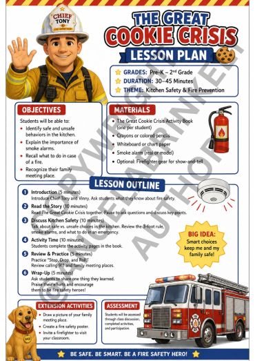 Firefighter teaching kids kitchen safety and fire prevention with a cookie crisis theme.