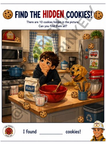 A boy and his dog in a kitchen with hidden cookies to find.