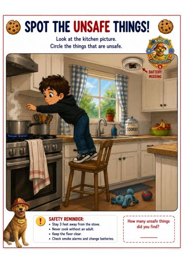 Child standing on chair reaching stove, toys on floor, missing battery in smoke alarm.