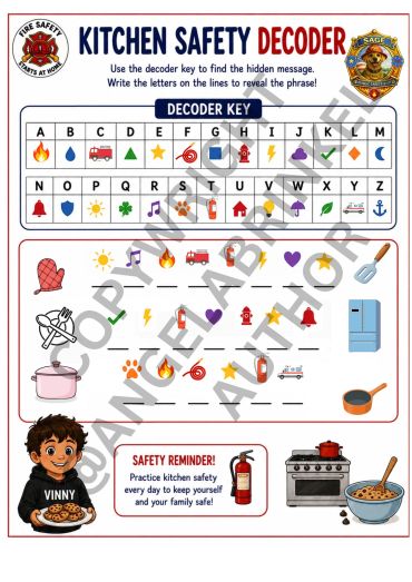 Kitchen safety decoder puzzle with symbols and letters.