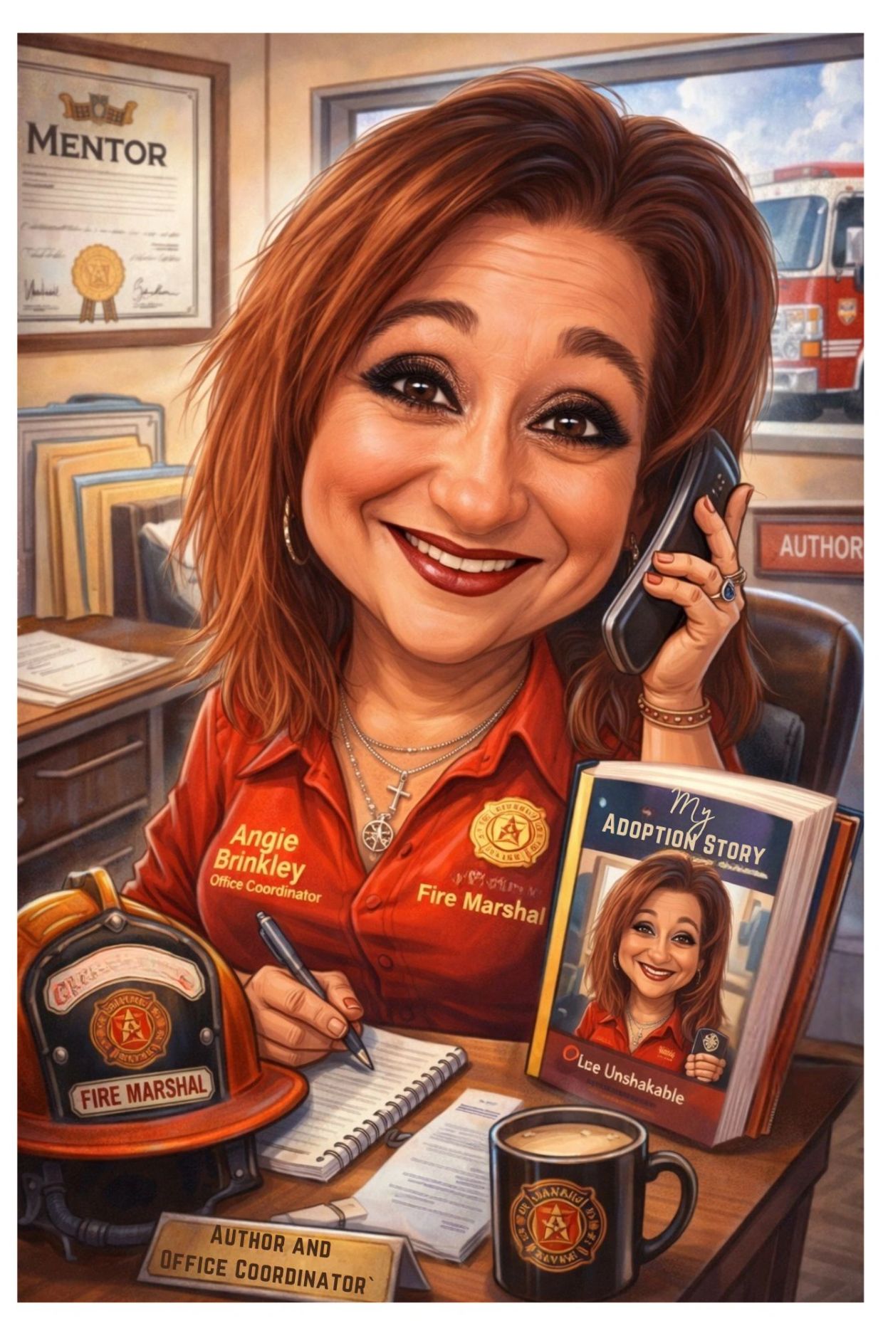 Caricature of Angie Brinkley, Fire Marshal and Office Coordinator, smiling at her desk.