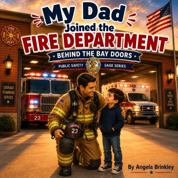 A firefighter kneels beside his son outside the fire station with fire trucks in the background.