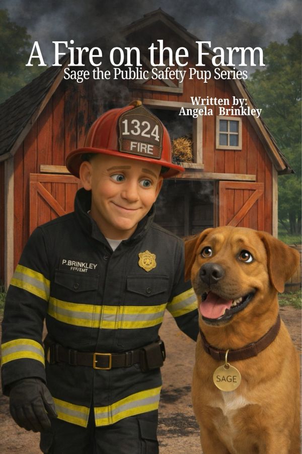 A firefighter and his dog stand happily near a barn with smoke, featured on a children's book cover.