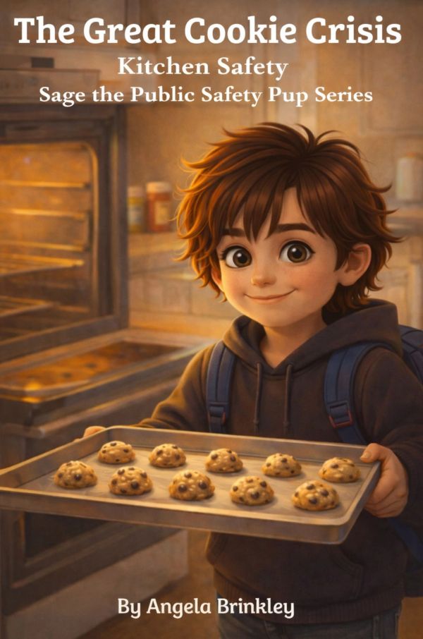 A boy holding a tray of cookies in a warm kitchen setting.