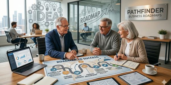 Three seniors discussing a business roadmap in a modern office.