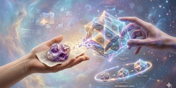Hands interacting with a futuristic holographic data cube and a crystal on a paper.